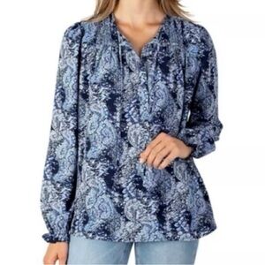 EUC Joie Womens Blue Parisian Paisley Long Sleeve Peasant Tie Neck Blouse Sz XXL